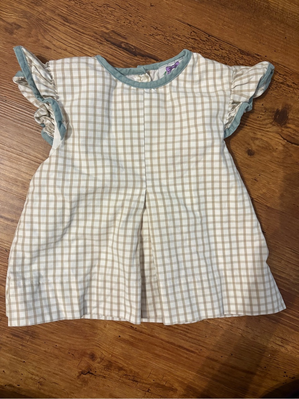 Girls Tan & Cream Gingham Ruffle Sleeve Top